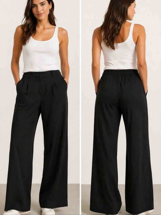 Sassy Zoey Pants - Sassy Zoey Wide Leg Black Trousers Elastic Waist Minimalist Clean Girl Size L